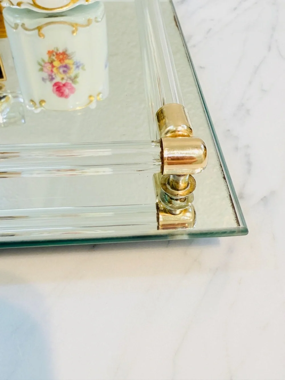 Vintage Modern Glass and Gold Mirrored Vanity Tray